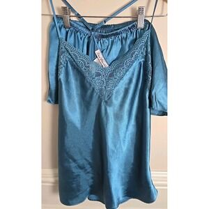 Linea Donatella Womens S Seafoam SatinPajama Set Cami Shorts Lace Trim Racerback